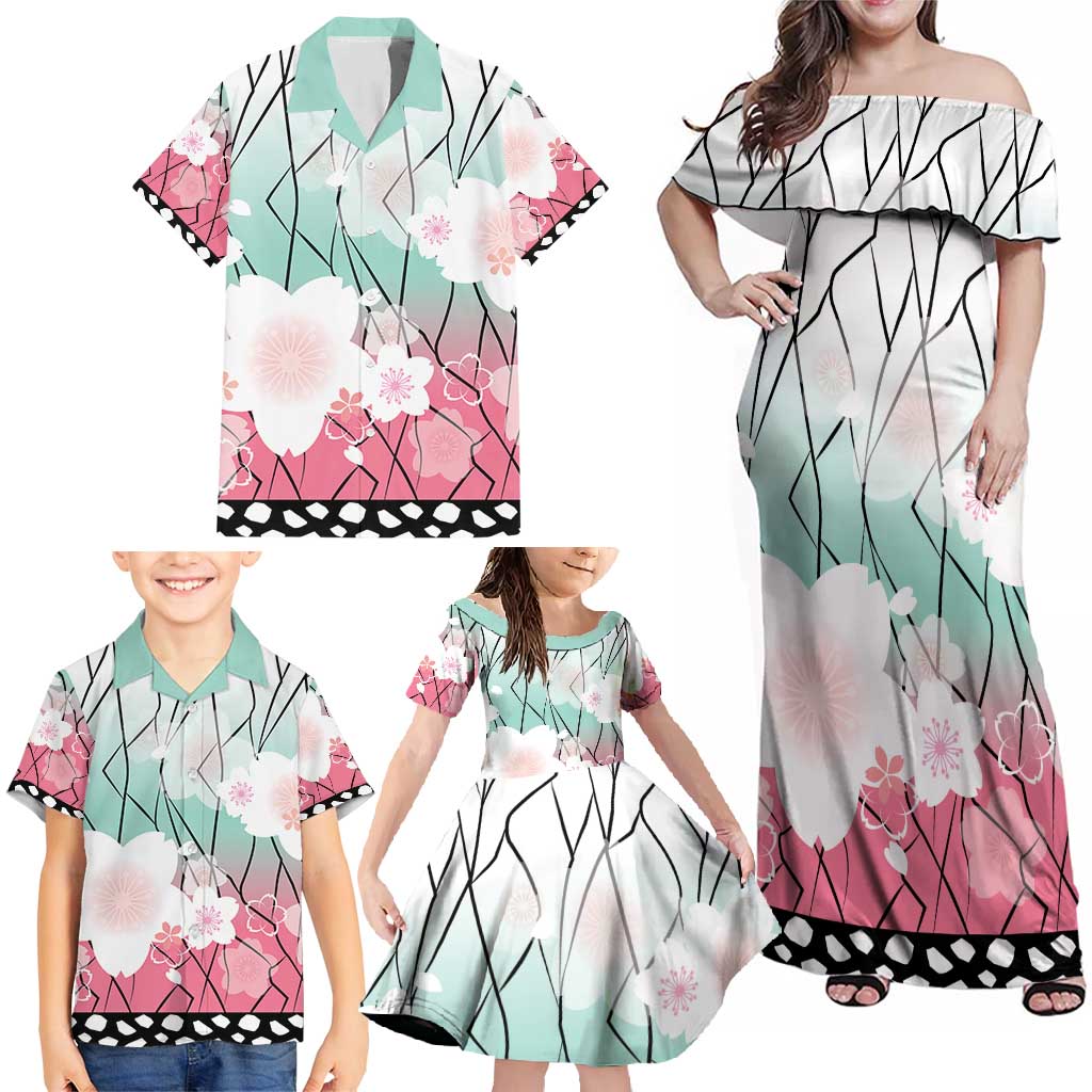 Japanese Kocho Pattern Family Matching Off Shoulder Maxi Dress and Hawaiian Shirt Insect Pillar Butterfly Flower Fairy - Polynesian Pride