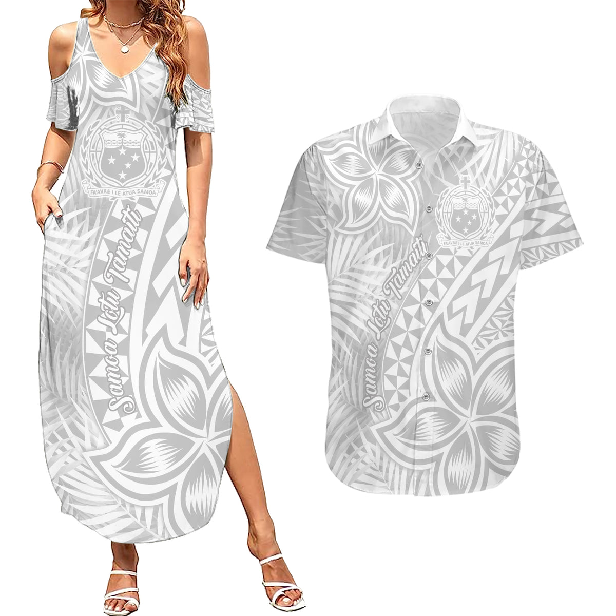 Samoa Lotu Tamait Couples Matching Summer Maxi Dress and Hawaiian Shirt Tropical Plant White Sunday With Polynesia Pattern LT9 White - Polynesian Pride