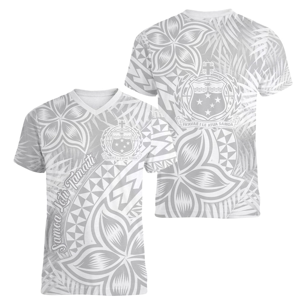 Samoa Lotu Tamait Women V Neck T Shirt Tropical Plant White Sunday With Polynesia Pattern LT9 - Polynesian Pride