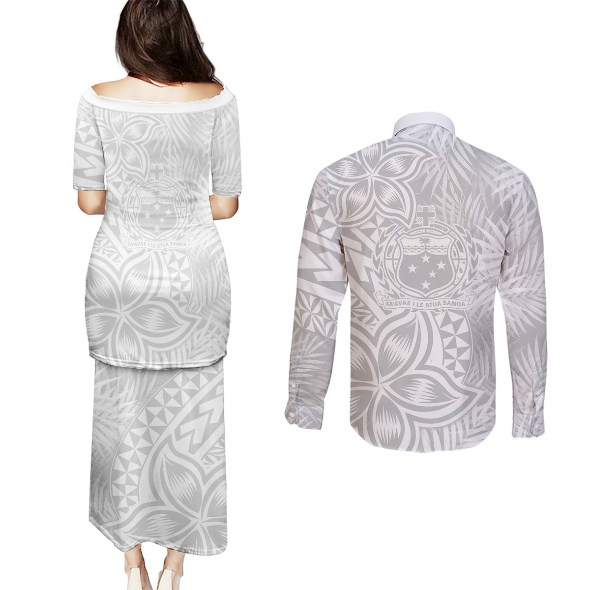 Personalised Samoa Lotu Tamait Couples Matching Puletasi Dress and Long Sleeve Button Shirts Tropical Plant White Sunday With Polynesia Pattern LT9 - Polynesian Pride