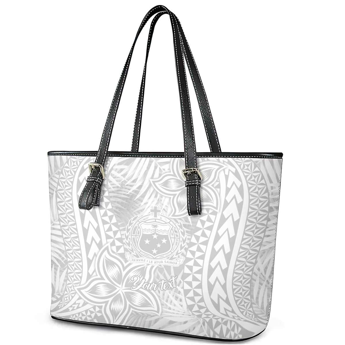 Personalised Samoa Lotu Tamait Leather Tote Bag Tropical Plant White Sunday With Polynesia Pattern LT9 - Polynesian Pride