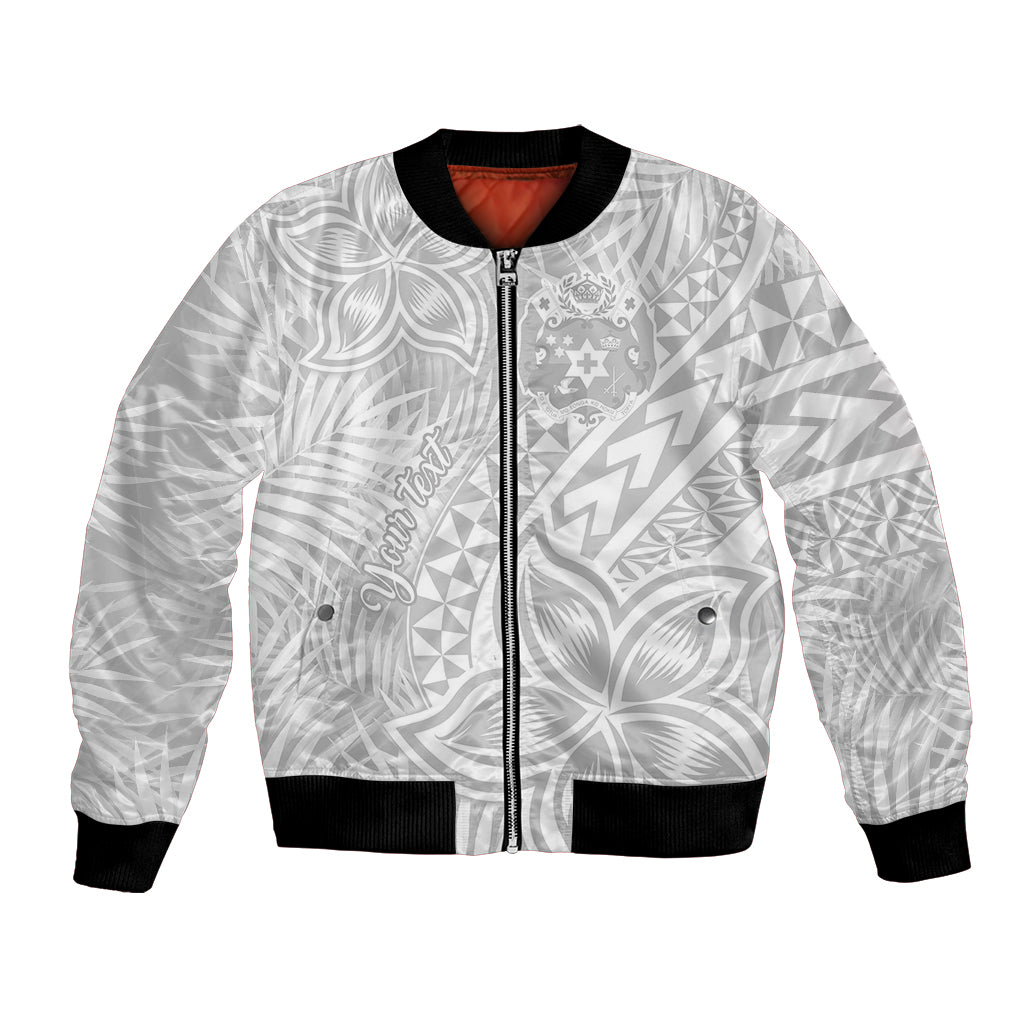 Personalised Tonga White Sunday Bomber Jacket Tropical Plant With Polynesian Pattern LT9 Unisex White - Polynesian Pride