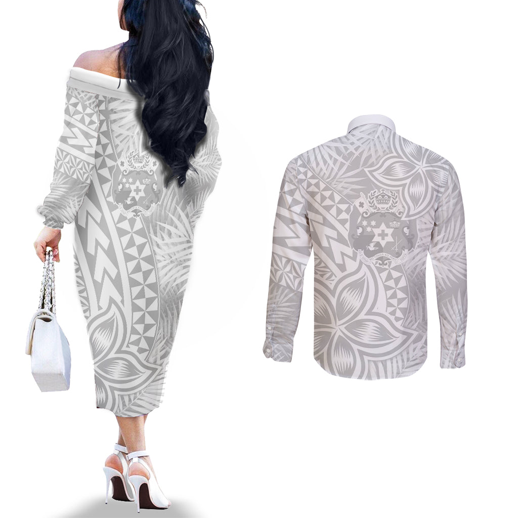 Personalised Tonga White Sunday Couples Matching Off The Shoulder Long Sleeve Dress and Long Sleeve Button Shirts Tropical Plant With Polynesian Pattern LT9 - Polynesian Pride