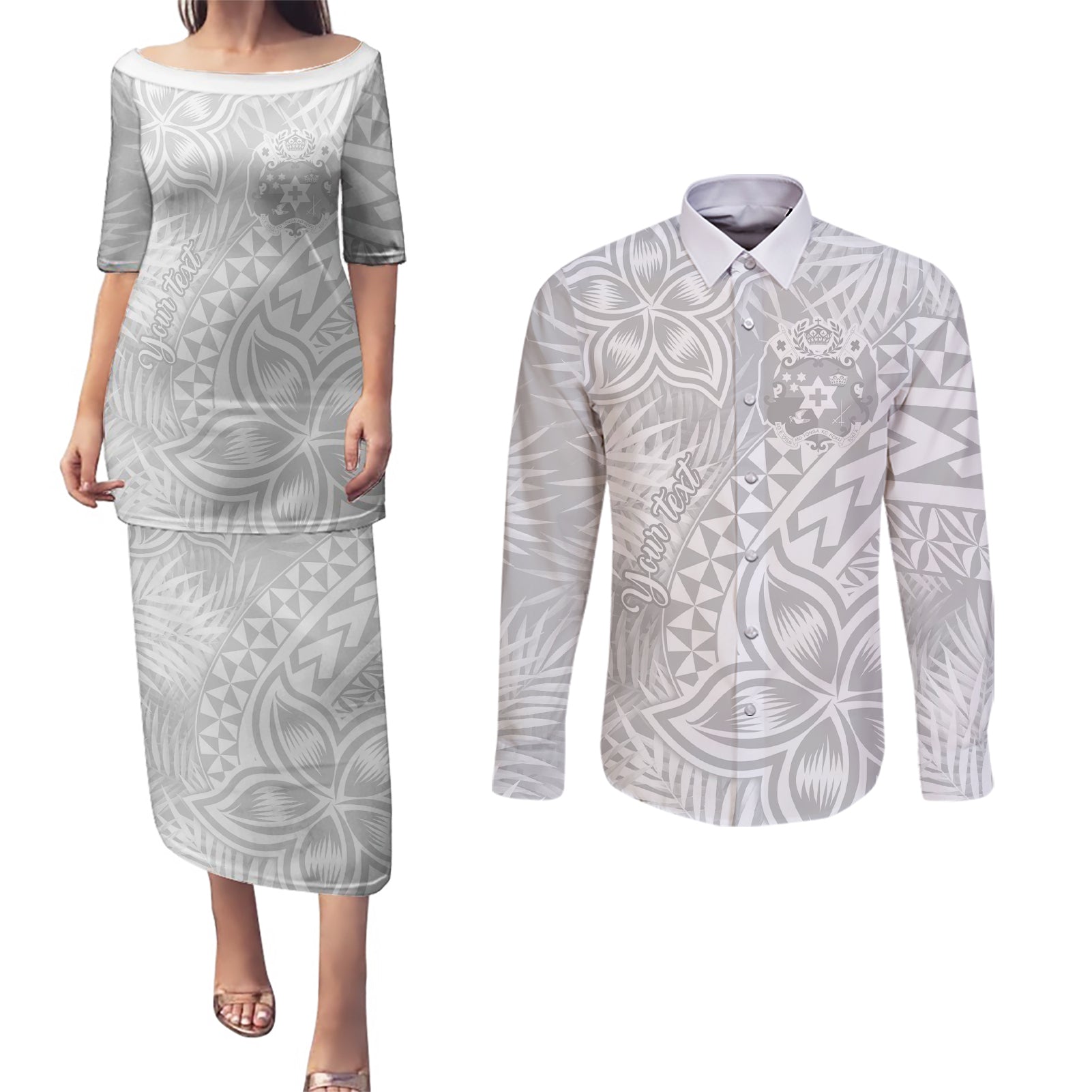 Personalised Tonga White Sunday Couples Matching Puletasi Dress and Long Sleeve Button Shirts Tropical Plant With Polynesian Pattern LT9 White - Polynesian Pride