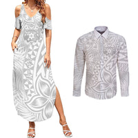 Personalised Tonga White Sunday Couples Matching Summer Maxi Dress and Long Sleeve Button Shirts Tropical Plant With Polynesian Pattern LT9 White - Polynesian Pride