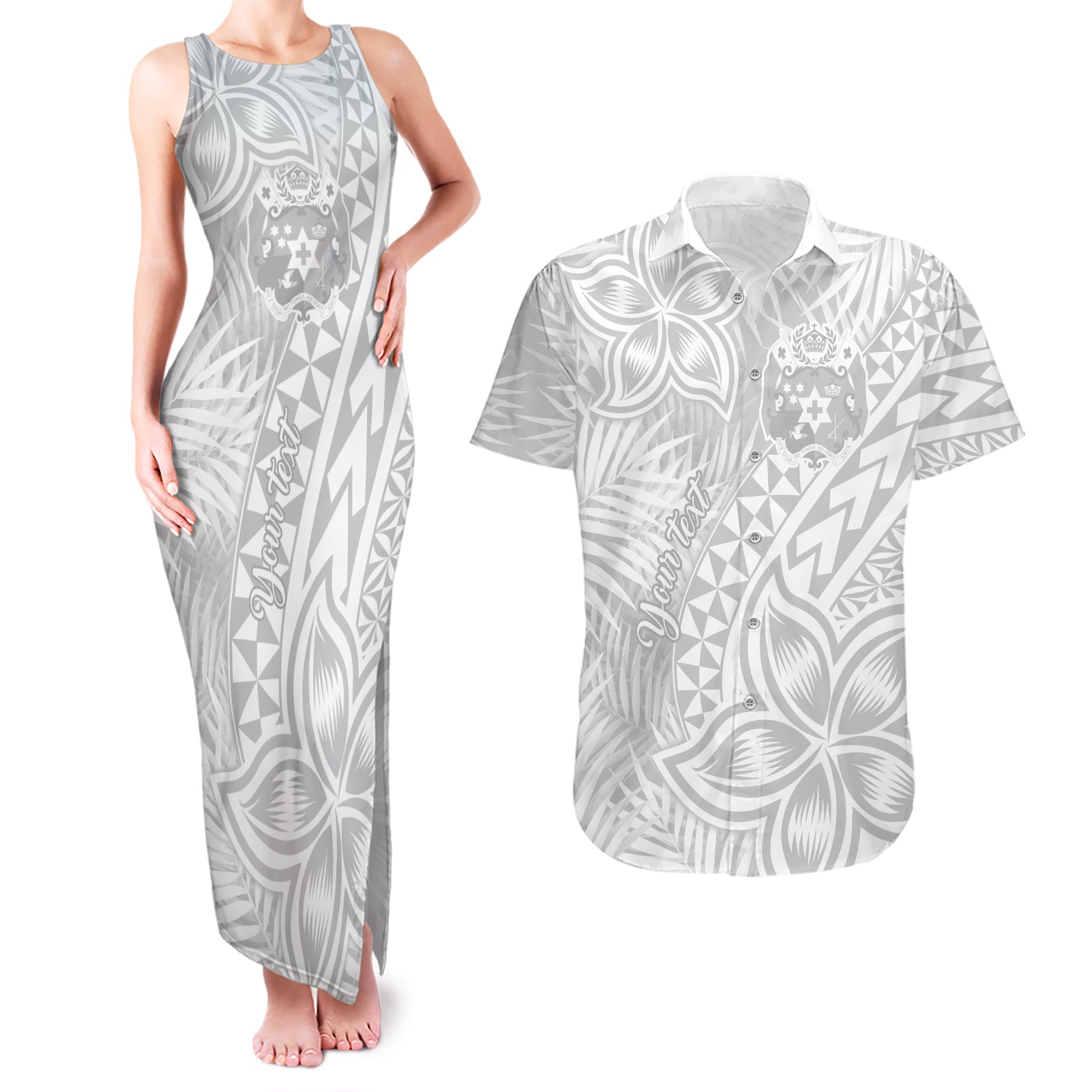Personalised Tonga White Sunday Couples Matching Tank Maxi Dress and Hawaiian Shirt Tropical Plant With Polynesian Pattern LT9 White - Polynesian Pride