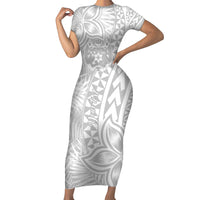 Personalised Tonga White Sunday Short Sleeve Bodycon Dress Tropical Plant With Polynesian Pattern LT9 Long Dress White - Polynesian Pride