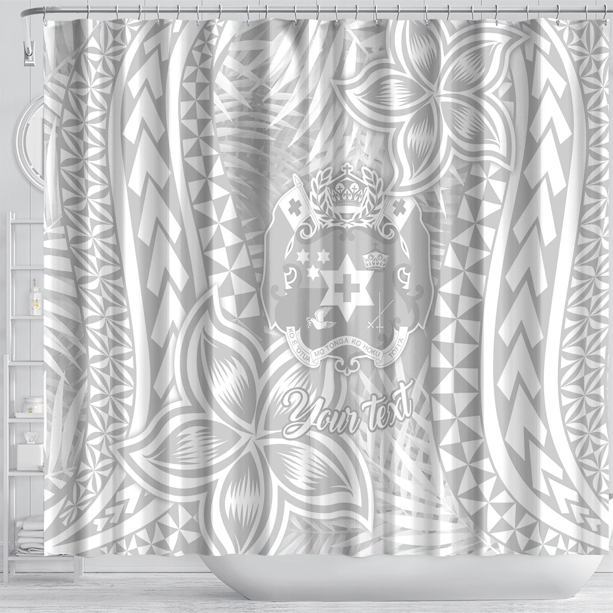 Personalised Tonga White Sunday Shower Curtain Tropical Plant With Polynesian Pattern LT9 - Polynesian Pride