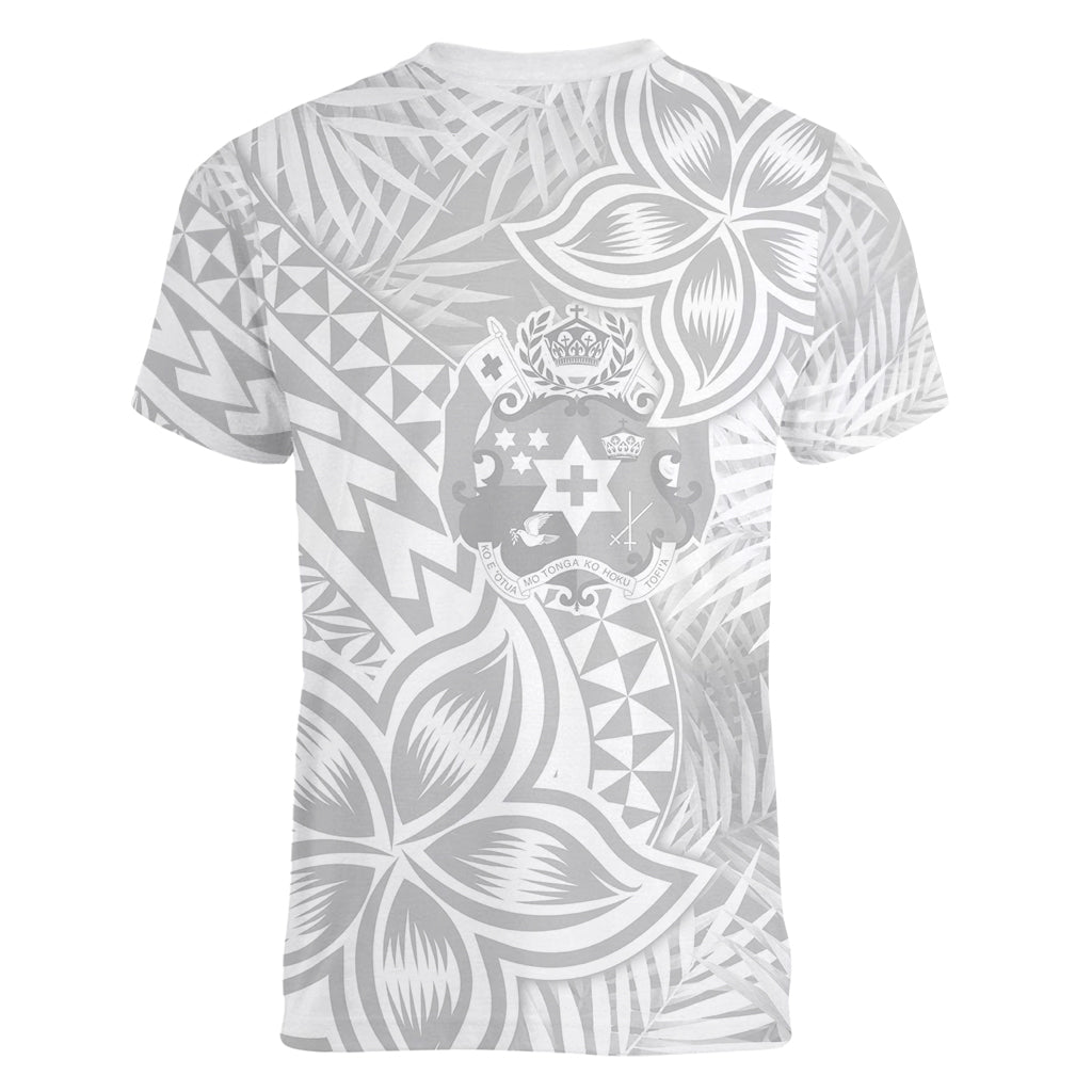 Personalised Tonga White Sunday Women V Neck T Shirt Tropical Plant With Polynesian Pattern LT9 - Polynesian Pride