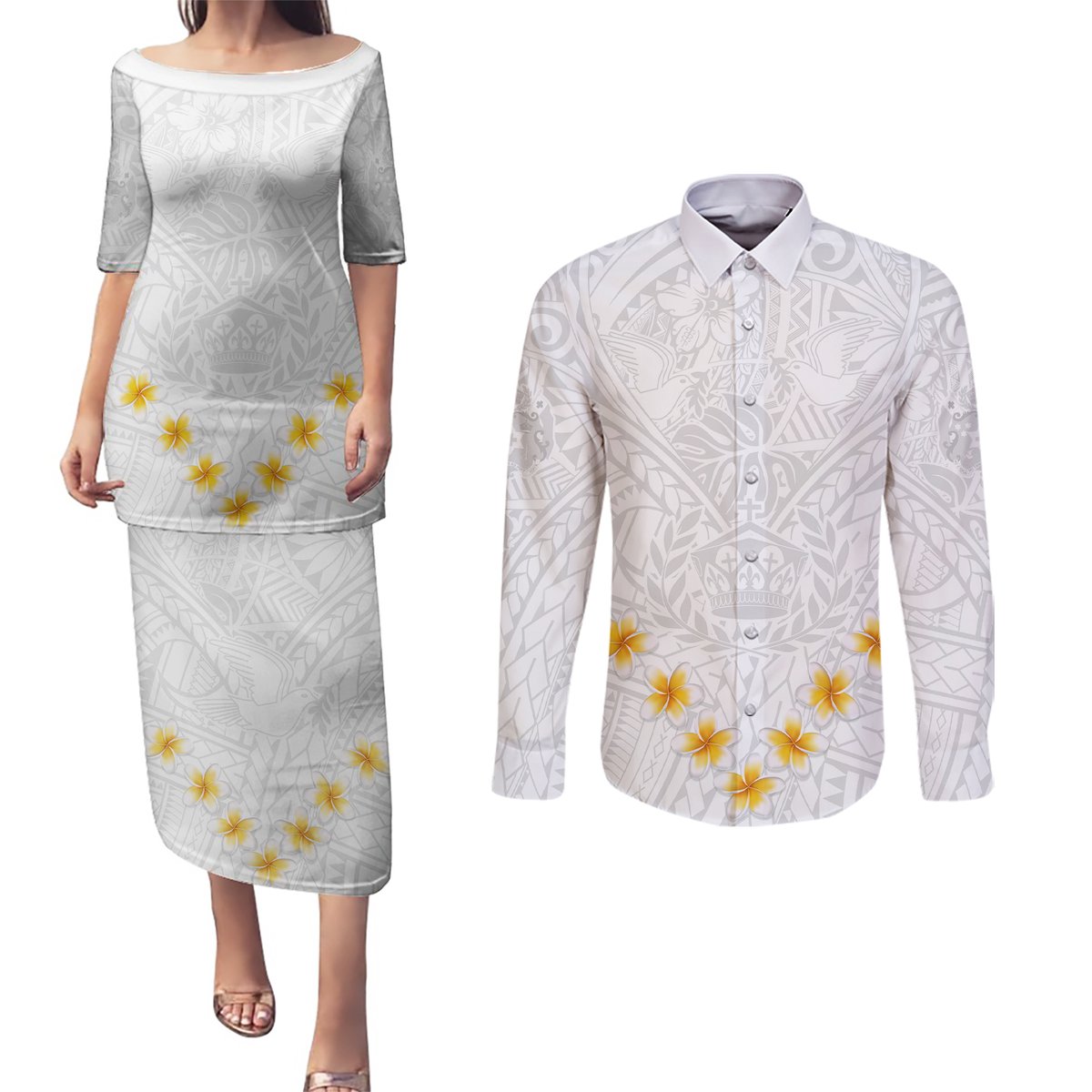 Tonga White Sunday Couples Matching Puletasi Dress and Long Sleeve Button Shirts Polynesian Plumeria Tribal Simple LT9 White - Polynesian Pride