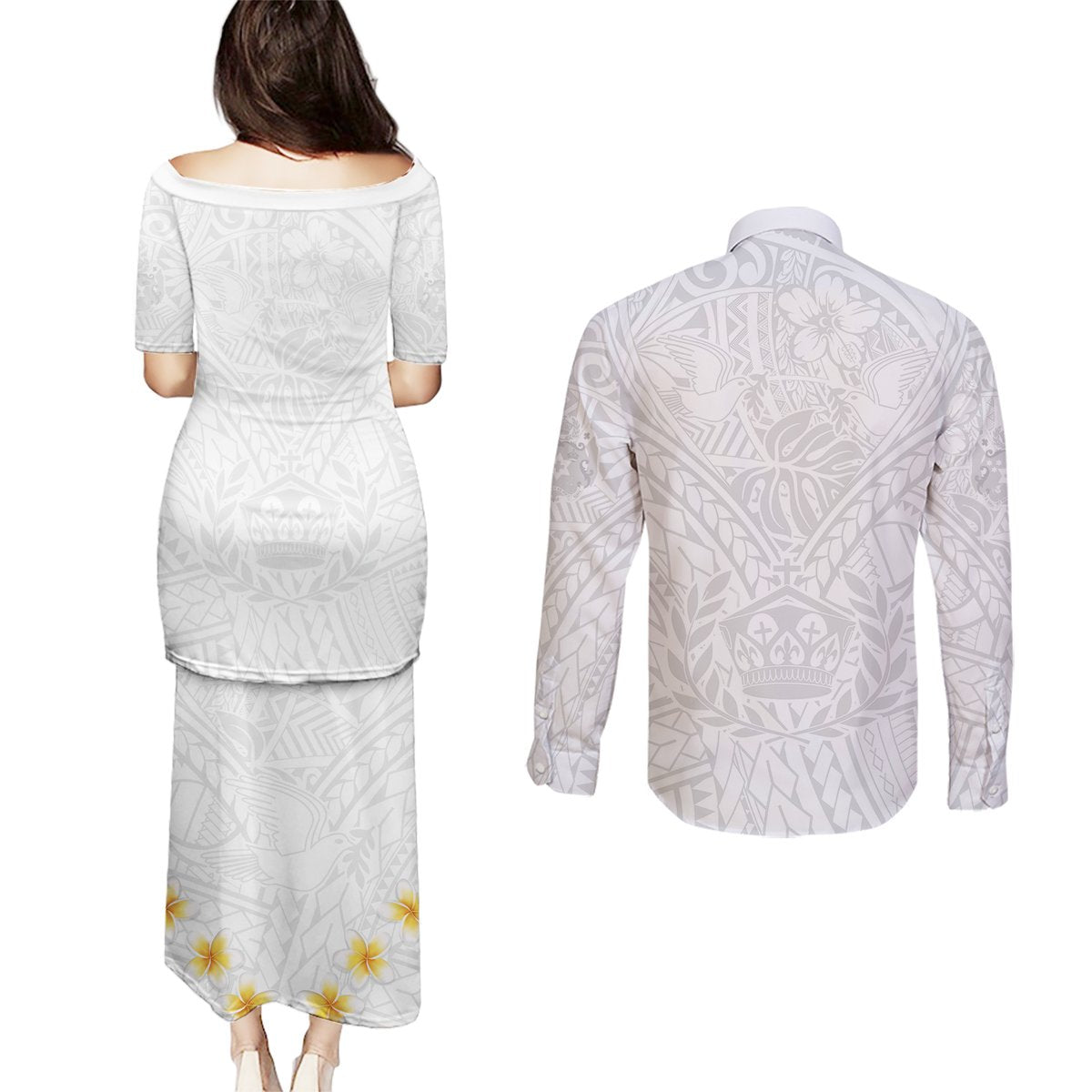 Tonga White Sunday Couples Matching Puletasi Dress and Long Sleeve Button Shirts Polynesian Plumeria Tribal Simple LT9 - Polynesian Pride