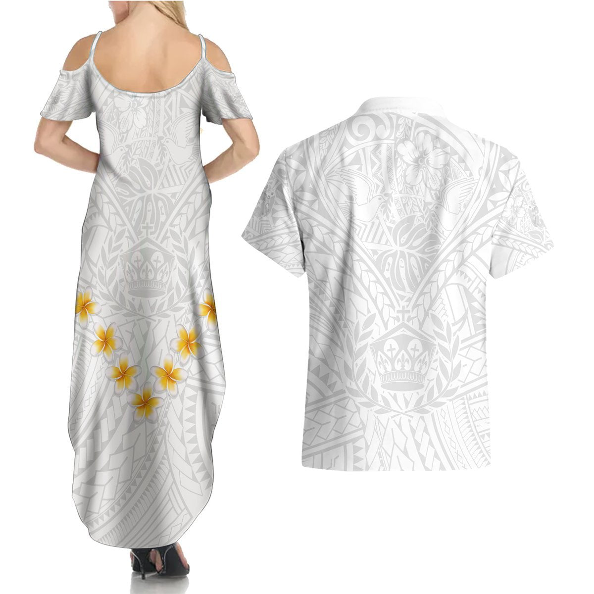 Tonga White Sunday Couples Matching Summer Maxi Dress and Hawaiian Shirt Polynesian Plumeria Tribal Simple LT9 - Polynesian Pride