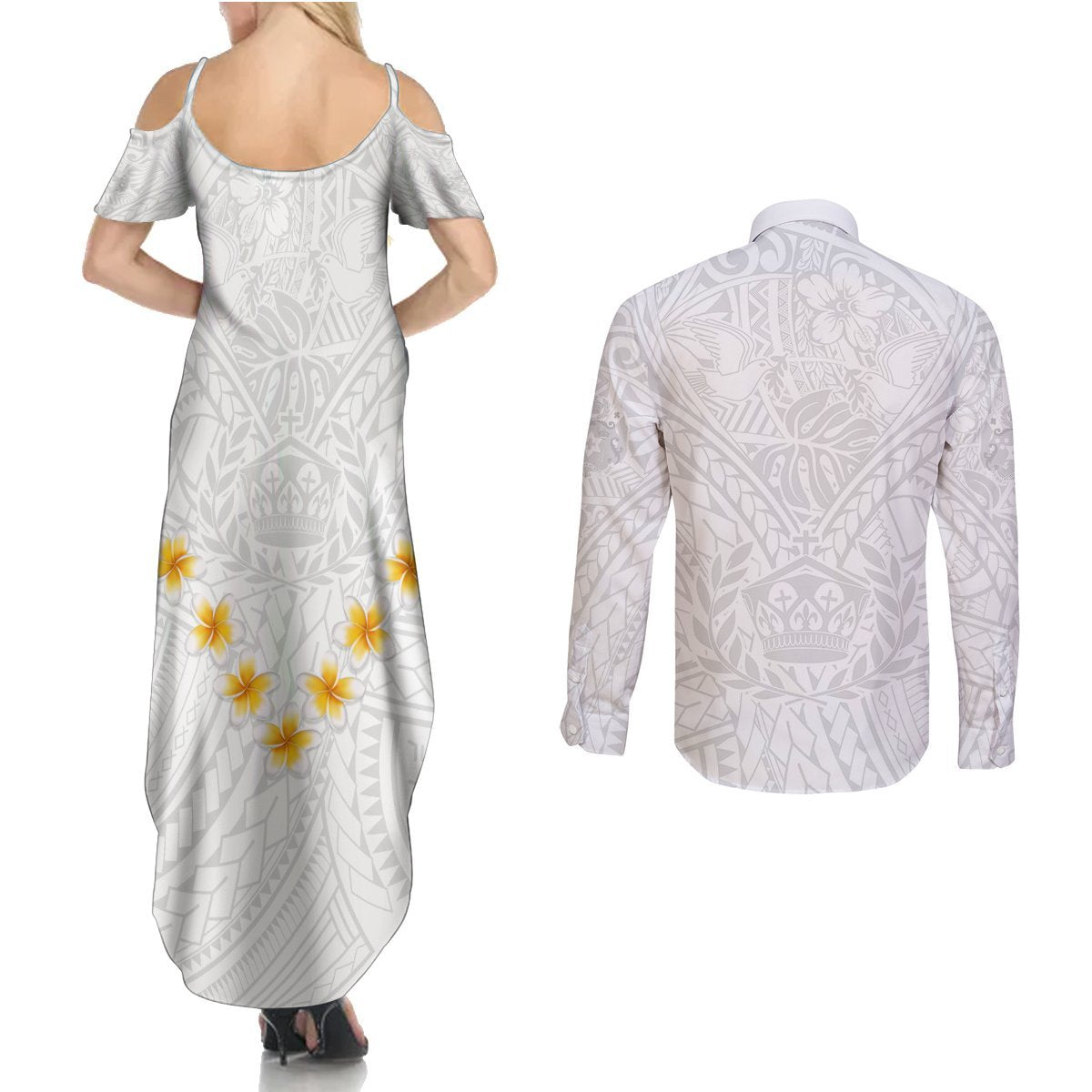 Tonga White Sunday Couples Matching Summer Maxi Dress and Long Sleeve Button Shirts Polynesian Plumeria Tribal Simple LT9 - Polynesian Pride