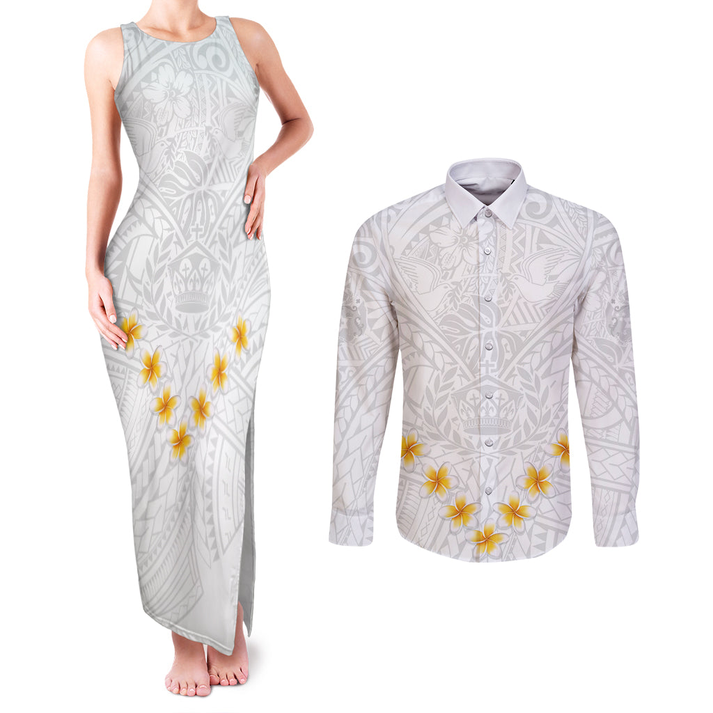 Tonga White Sunday Couples Matching Tank Maxi Dress and Long Sleeve Button Shirts Polynesian Plumeria Tribal Simple LT9 White - Polynesian Pride