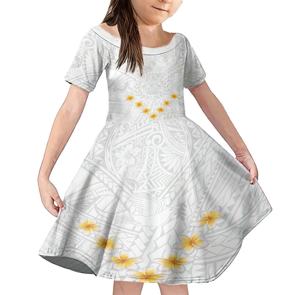 Tonga White Sunday Family Matching Long Sleeve Bodycon Dress and Hawaiian Shirt Polynesian Plumeria Tribal Simple LT9 Daughter's Dress White - Polynesian Pride