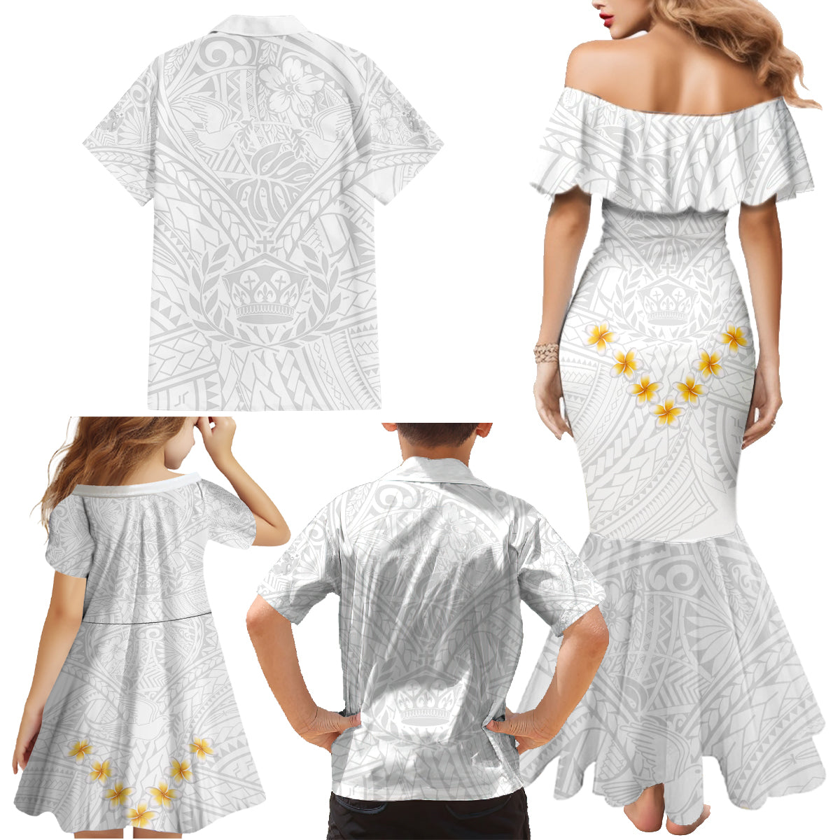 Tonga White Sunday Family Matching Mermaid Dress and Hawaiian Shirt Polynesian Plumeria Tribal Simple LT9 - Polynesian Pride