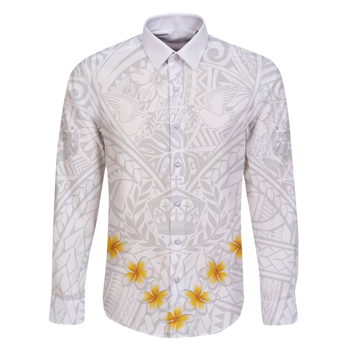 Tonga White Sunday Family Matching Off Shoulder Short Dress and Hawaiian Shirt Polynesian Plumeria Tribal Simple LT9 Dad's Shirt - Long Sleeve White - Polynesian Pride