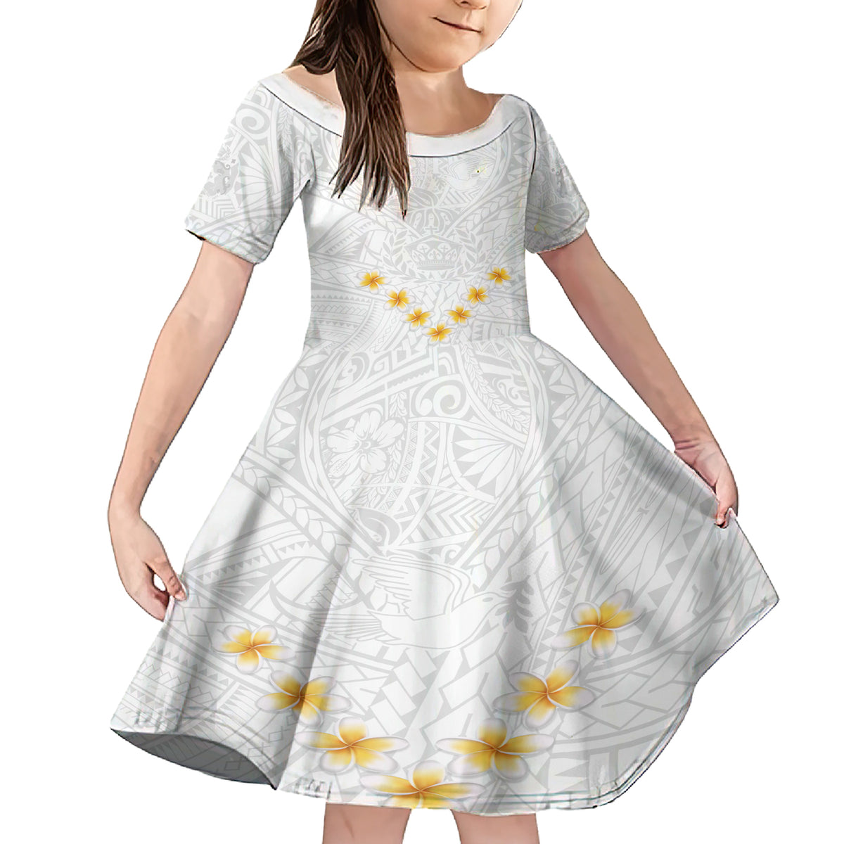 Tonga White Sunday Family Matching Short Sleeve Bodycon Dress and Hawaiian Shirt Polynesian Plumeria Tribal Simple LT9 Daughter's Dress White - Polynesian Pride