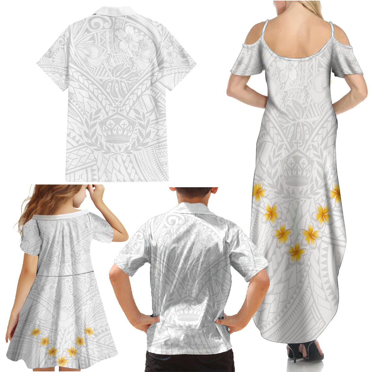 Tonga White Sunday Family Matching Summer Maxi Dress and Hawaiian Shirt Polynesian Plumeria Tribal Simple LT9 - Polynesian Pride