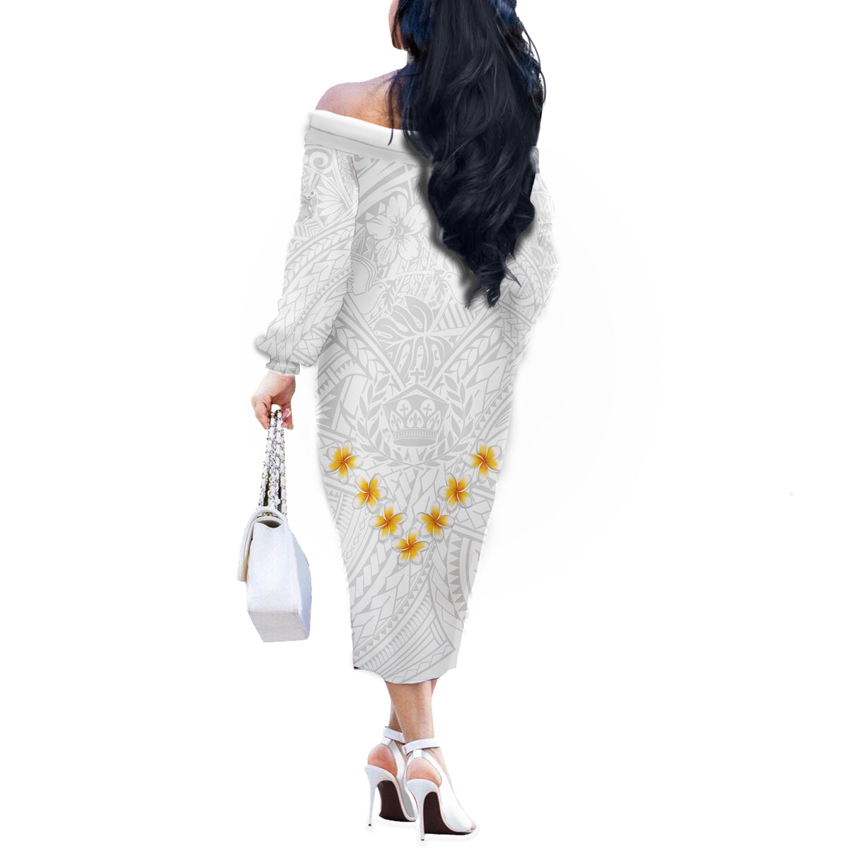 Tonga White Sunday Off The Shoulder Long Sleeve Dress Polynesian Plumeria Tribal Simple LT9 - Polynesian Pride