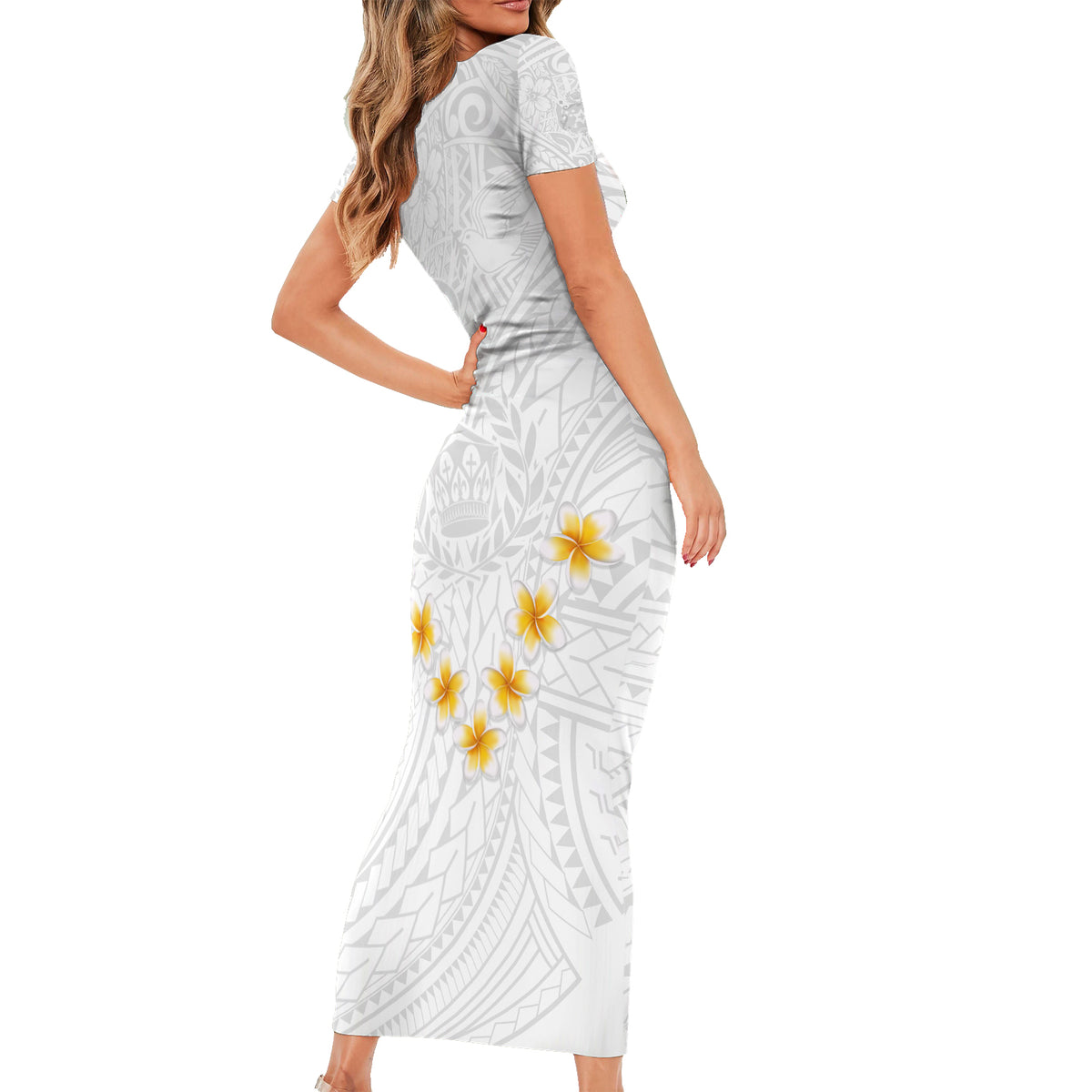 Tonga White Sunday Short Sleeve Bodycon Dress Polynesian Plumeria Tribal Simple LT9 - Polynesian Pride