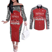 Custom Tonga Rugby Mate Ma'a Couples Matching Off The Shoulder Long Sleeve Dress and Long Sleeve Button Shirt Tonga XIII Make History Pacific Champions