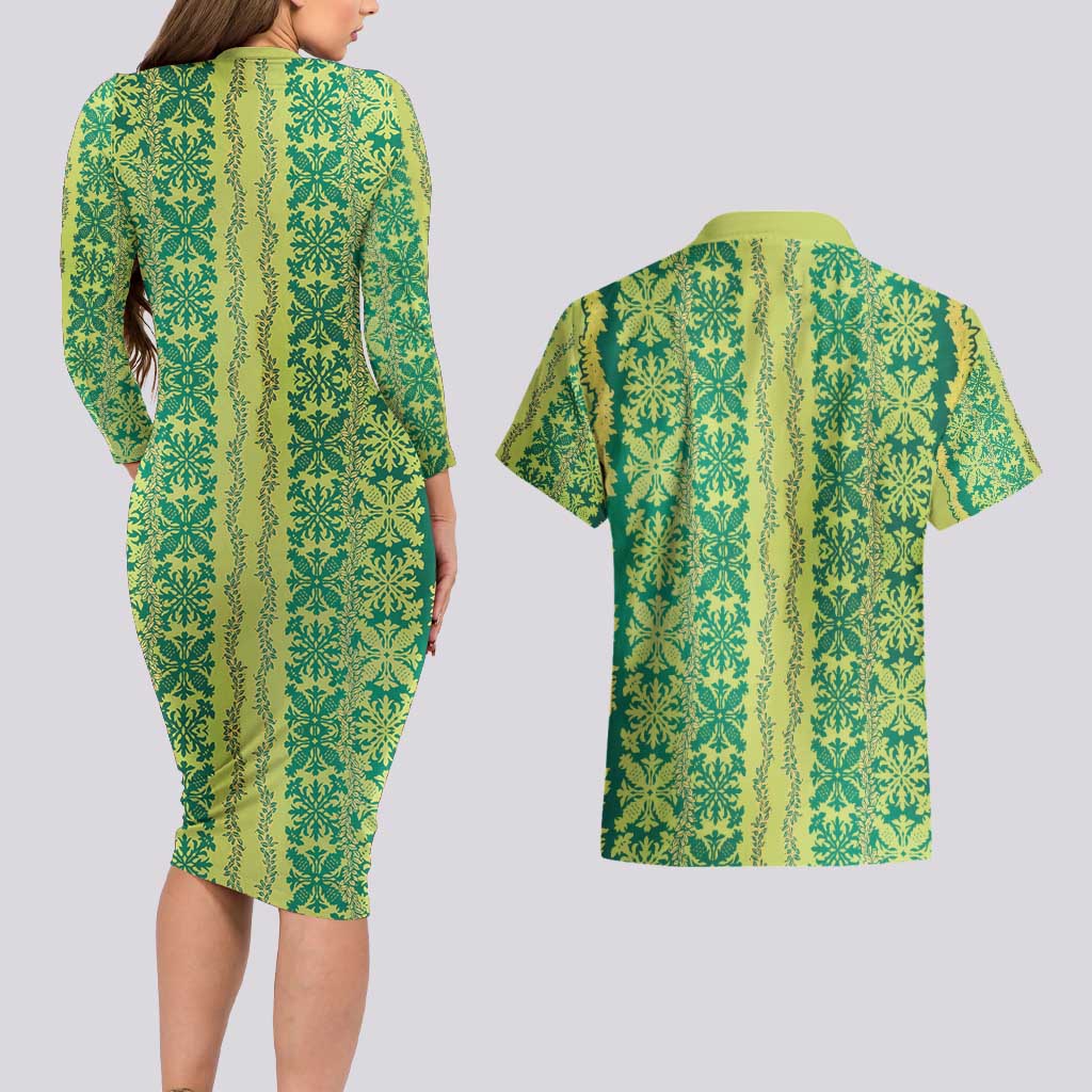 Hawaii Lei with Tribal Quilt Motif Couples Matching Long Sleeve Bodycon Dress and Hawaiian Shirt