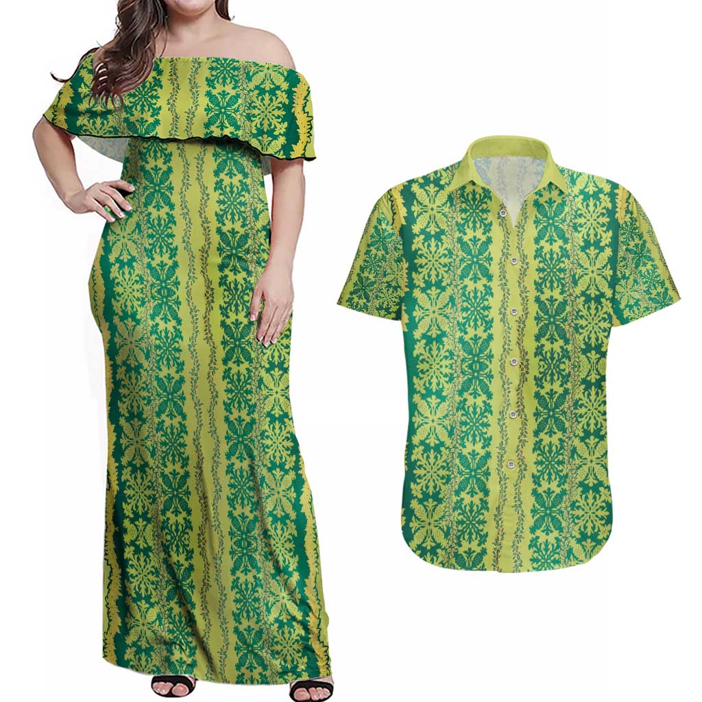 Hawaii Lei with Tribal Quilt Motif Couples Matching Off Shoulder Maxi Dress and Hawaiian Shirt