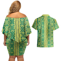 Hawaii Lei with Tribal Quilt Motif Couples Matching Off Shoulder Short Dress and Hawaiian Shirt