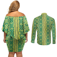 Hawaii Lei with Tribal Quilt Motif Couples Matching Off Shoulder Short Dress and Long Sleeve Button Shirt