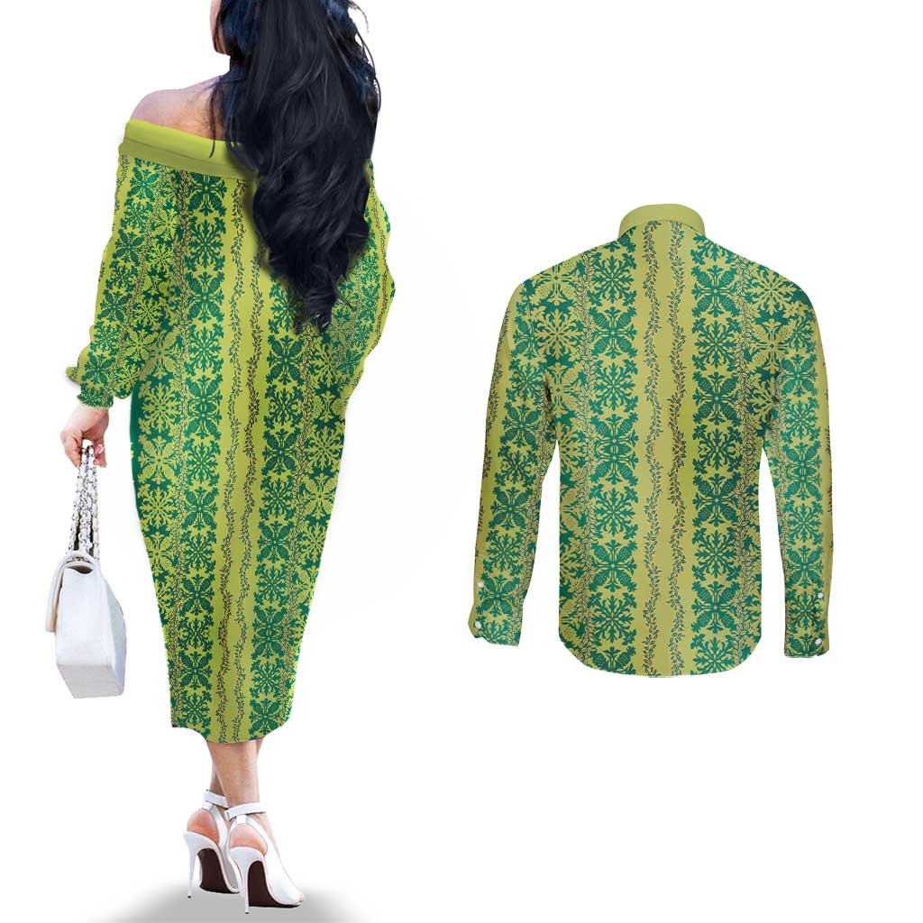 Hawaii Lei with Tribal Quilt Motif Couples Matching Off The Shoulder Long Sleeve Dress and Long Sleeve Button Shirt