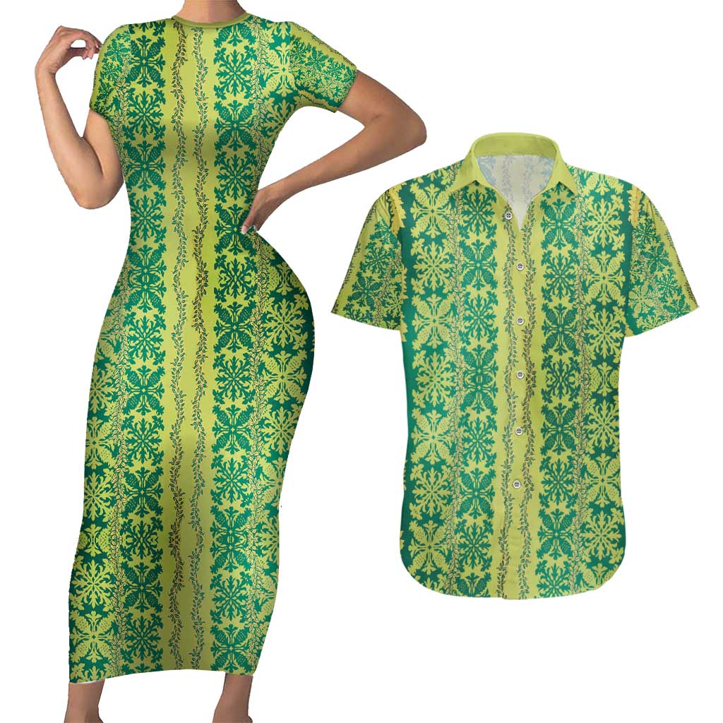 Hawaii Lei with Tribal Quilt Motif Couples Matching Short Sleeve Bodycon Dress and Hawaiian Shirt