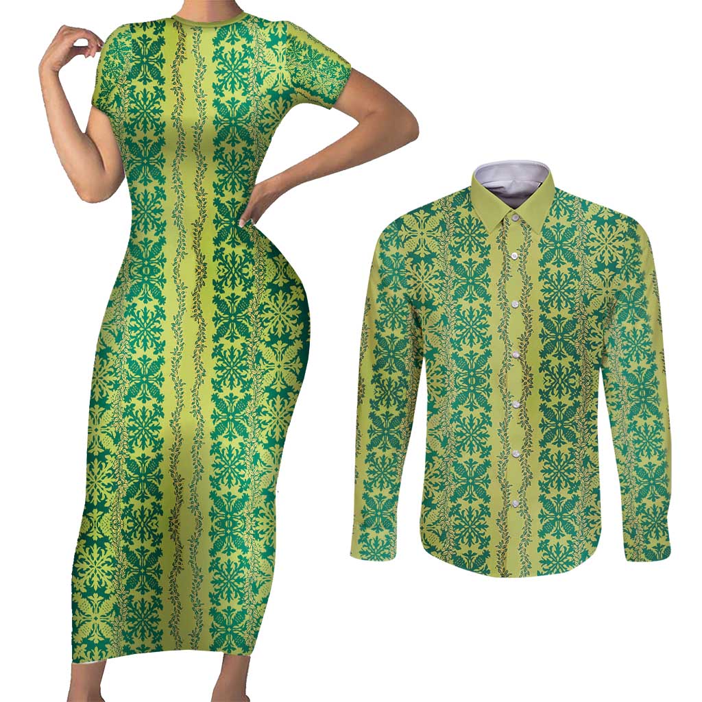 Hawaii Lei with Tribal Quilt Motif Couples Matching Short Sleeve Bodycon Dress and Long Sleeve Button Shirt