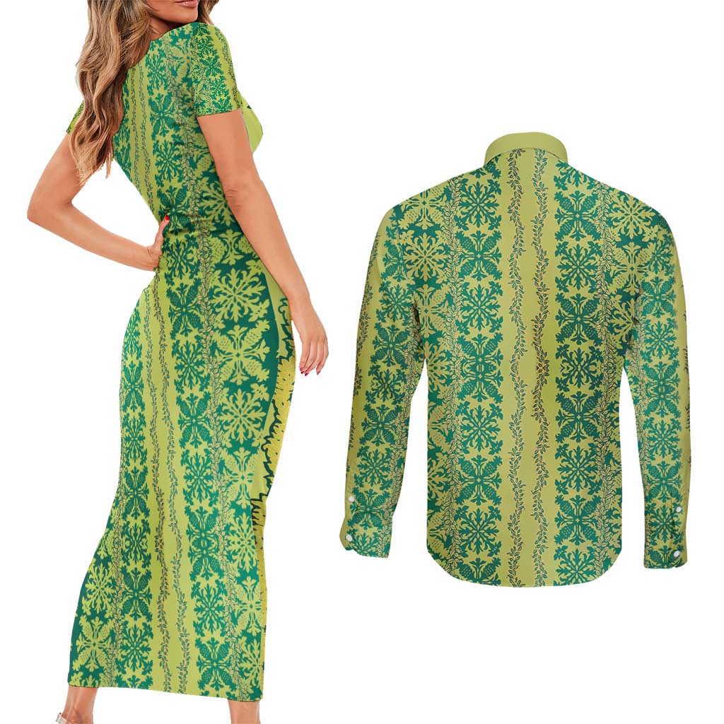 Hawaii Lei with Tribal Quilt Motif Couples Matching Short Sleeve Bodycon Dress and Long Sleeve Button Shirt