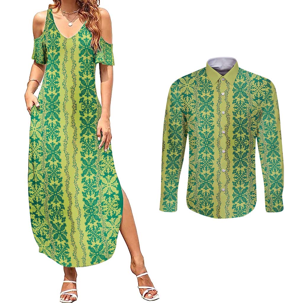 Hawaii Lei with Tribal Quilt Motif Couples Matching Summer Maxi Dress and Long Sleeve Button Shirt