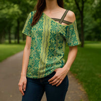 Hawaii Lei with Tribal Quilt Motif Cross Shoulder Shirt - Polynesian Pride