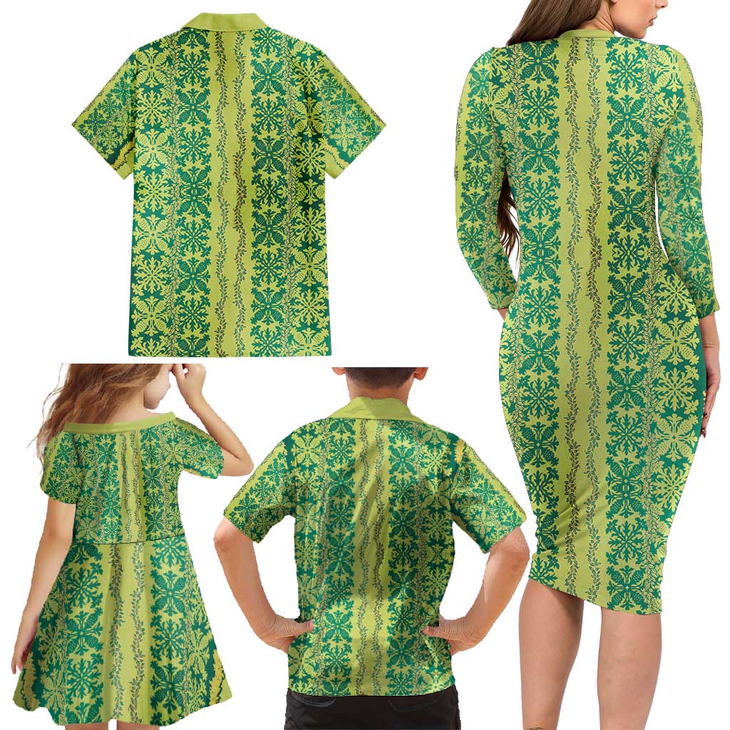 Hawaii Lei with Tribal Quilt Motif Family Matching Long Sleeve Bodycon Dress and Hawaiian Shirt