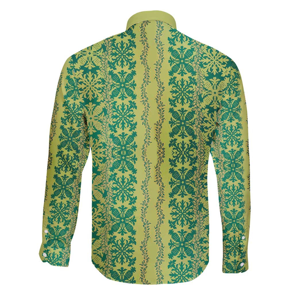 Hawaii Lei with Tribal Quilt Motif Family Matching Long Sleeve Bodycon Dress and Hawaiian Shirt