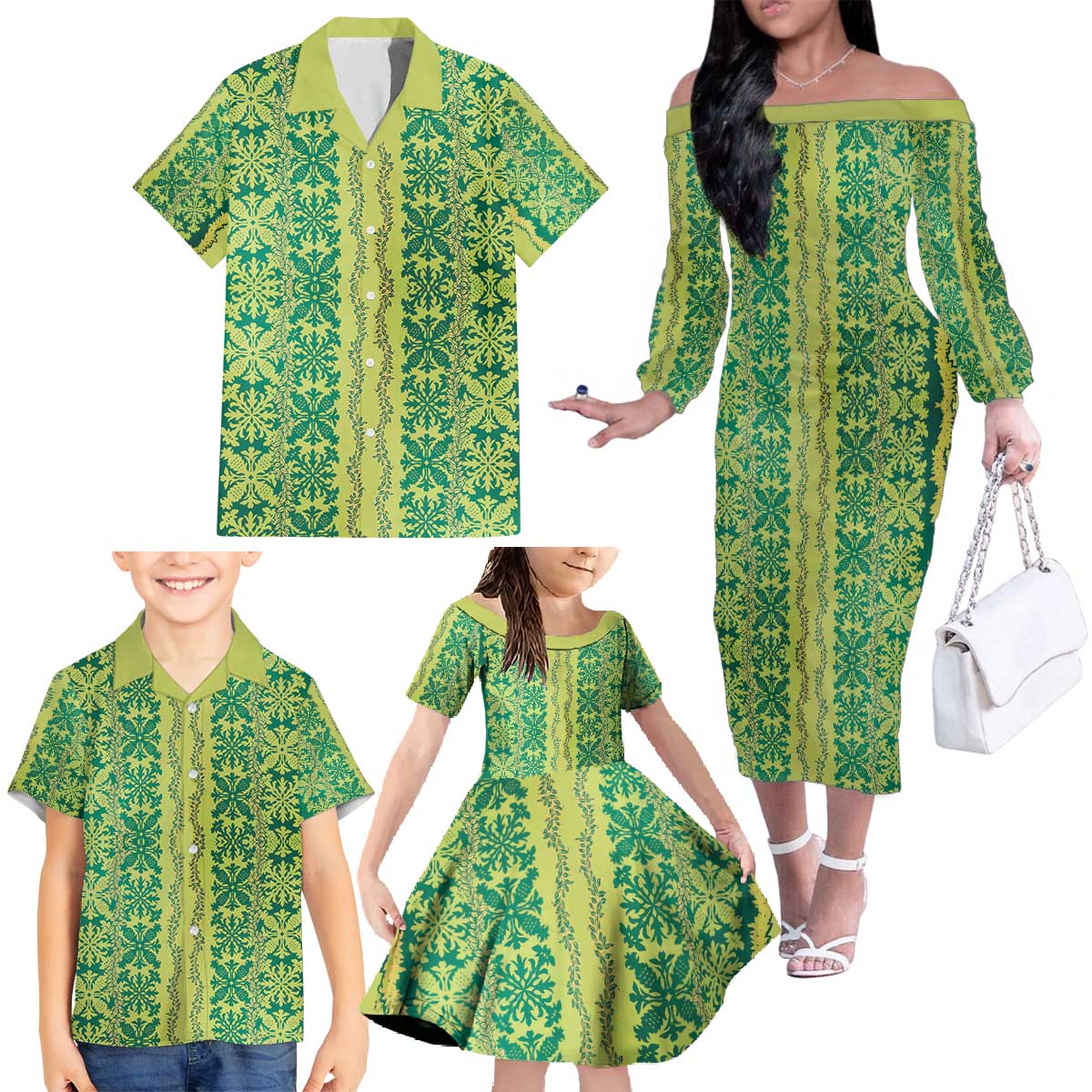 Hawaii Lei with Tribal Quilt Motif Family Matching Off The Shoulder Long Sleeve Dress and Hawaiian Shirt