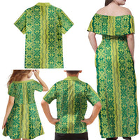 Hawaii Lei with Tribal Quilt Motif Family Matching Off Shoulder Maxi Dress and Hawaiian Shirt