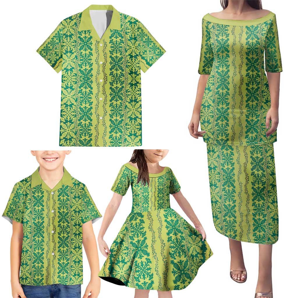 Hawaii Lei with Tribal Quilt Motif Family Matching Puletasi and Hawaiian Shirt