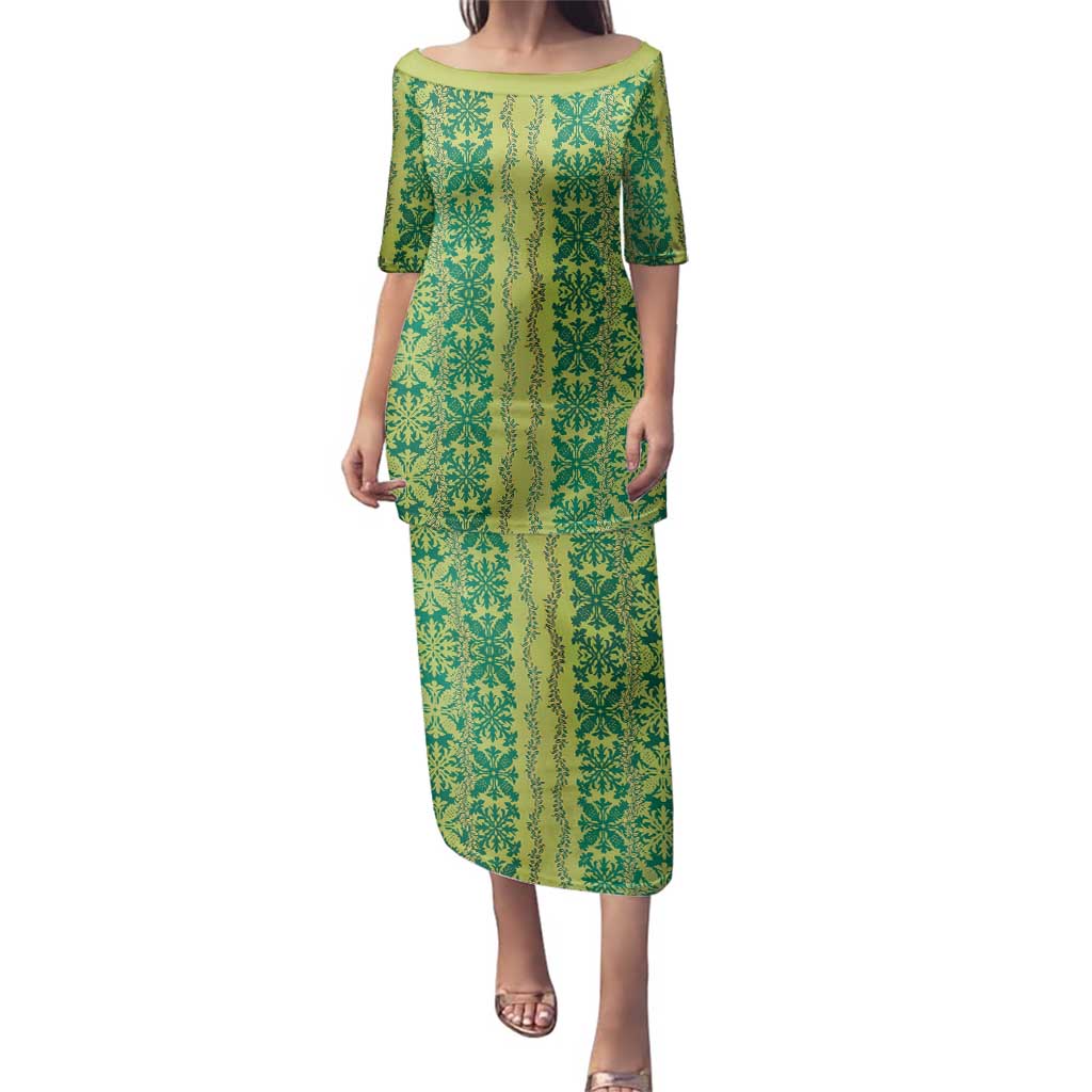 Hawaii Lei with Tribal Quilt Motif Family Matching Puletasi and Hawaiian Shirt