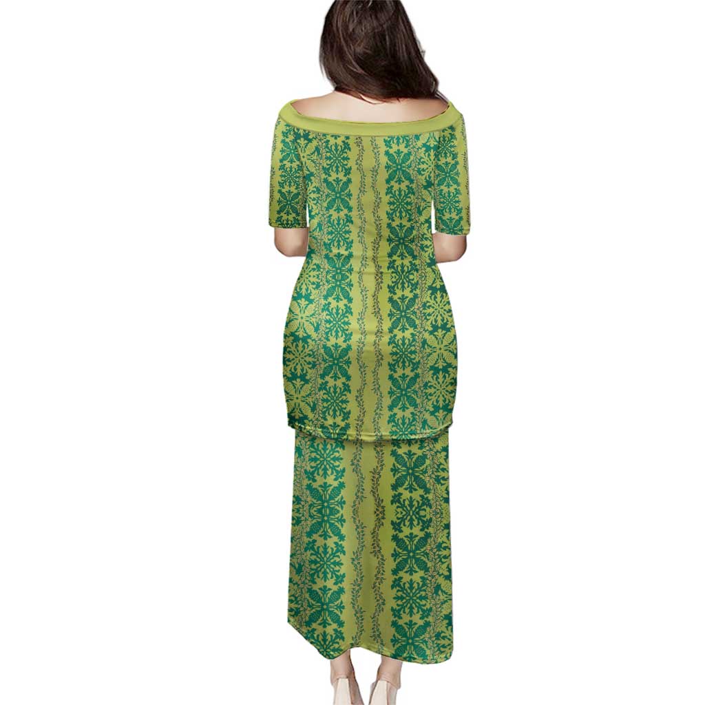 Hawaii Lei with Tribal Quilt Motif Family Matching Puletasi and Hawaiian Shirt