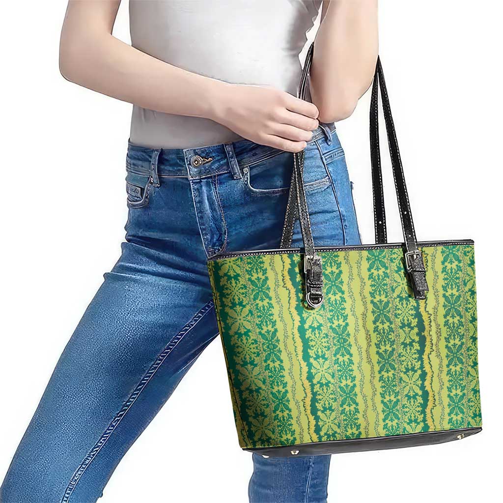 Hawaii Lei with Tribal Quilt Motif Leather Tote Bag