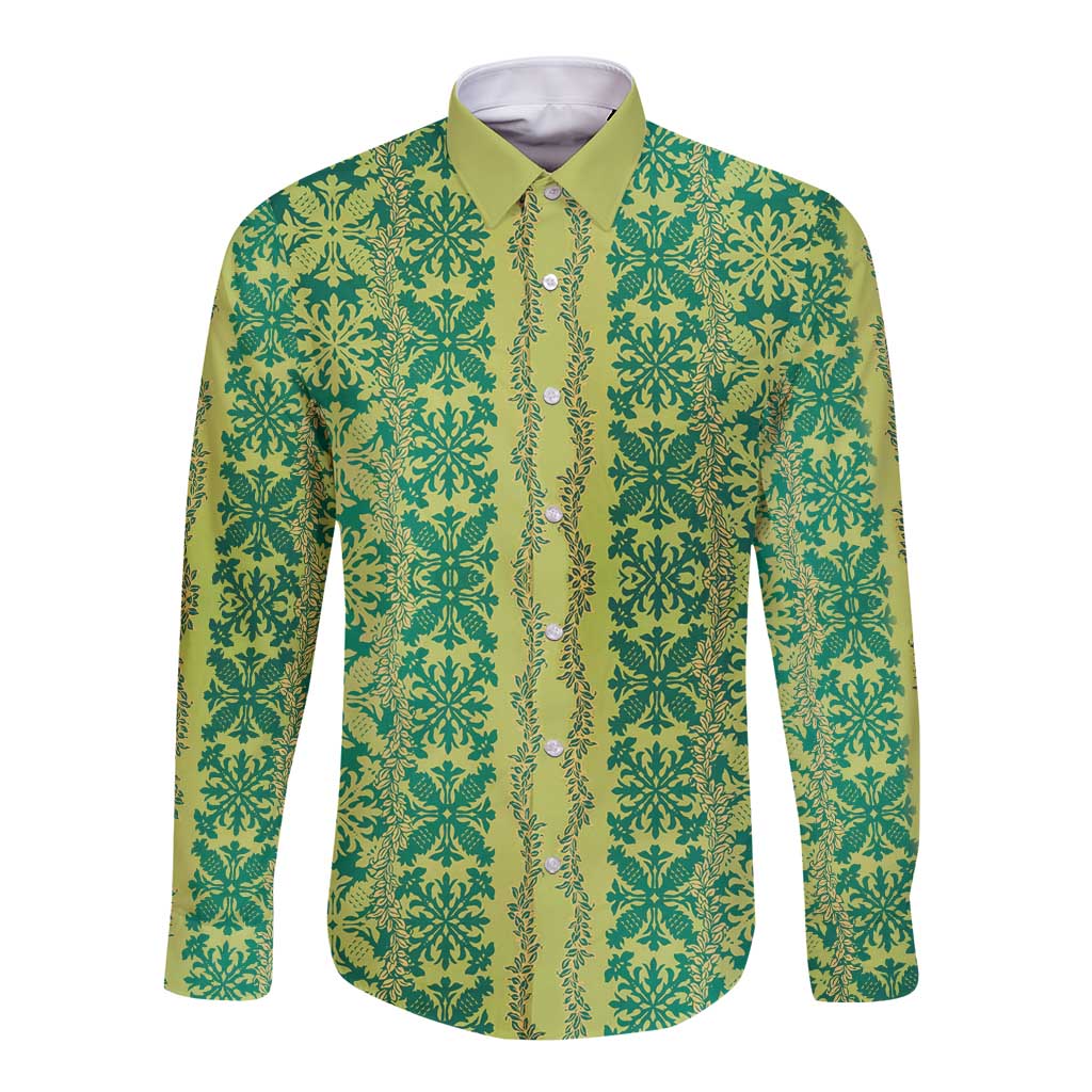 Hawaii Lei with Tribal Quilt Motif Long Sleeve Button Shirt