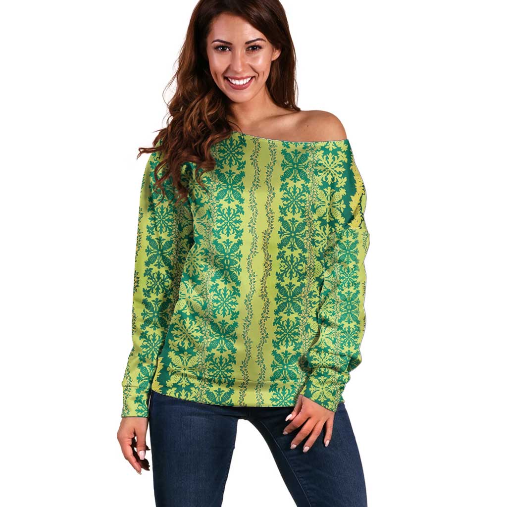 Hawaii Lei with Tribal Quilt Motif Off Shoulder Sweater
