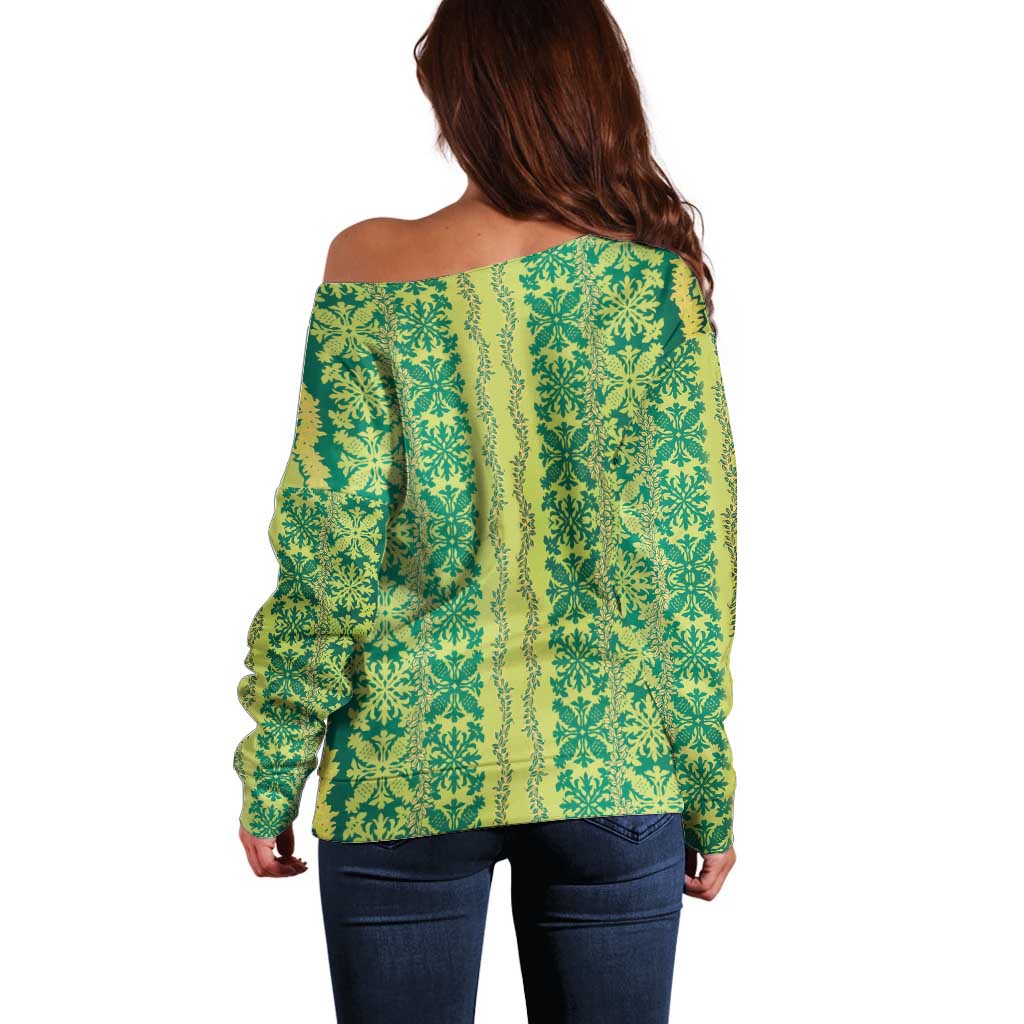 Hawaii Lei with Tribal Quilt Motif Off Shoulder Sweater