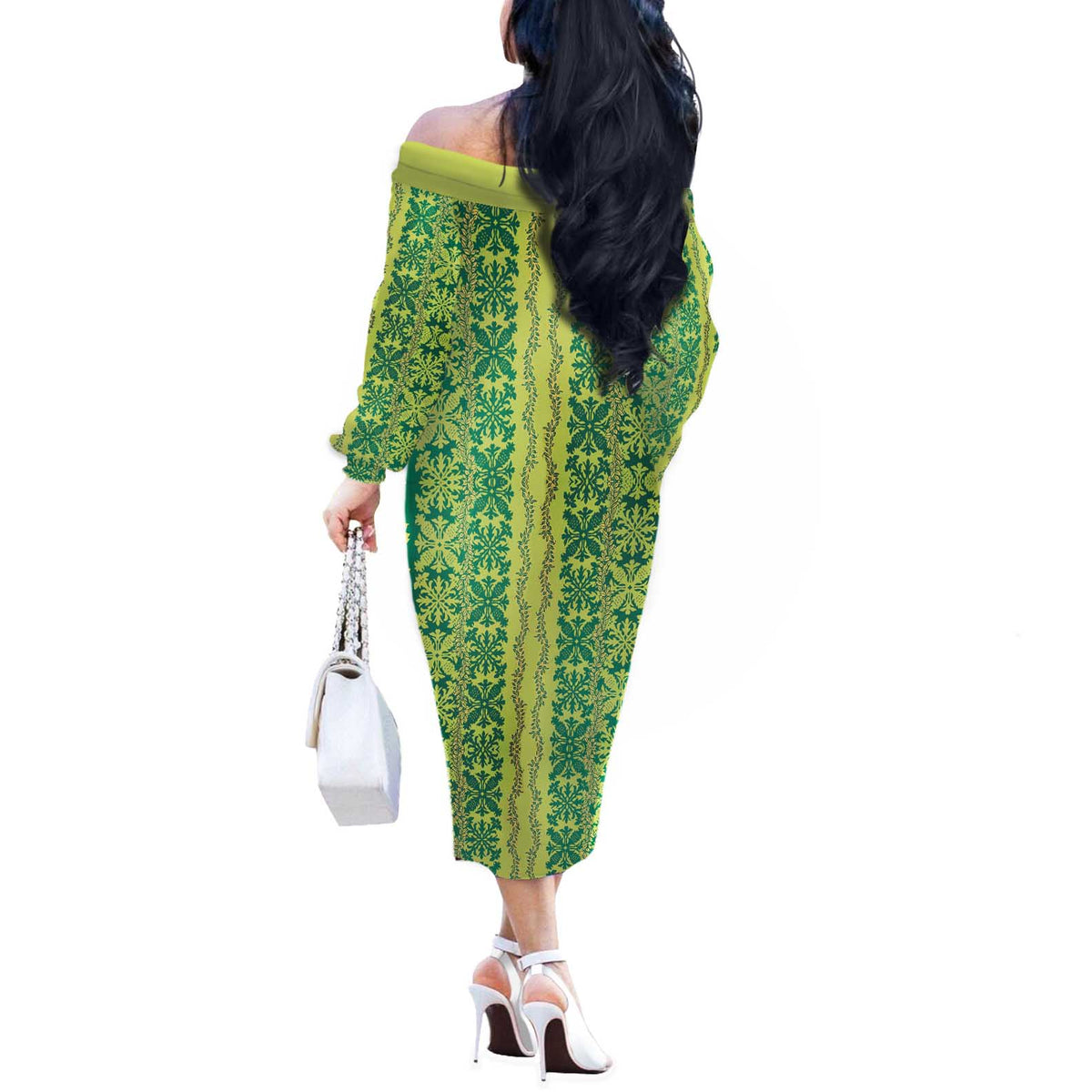 Hawaii Lei with Tribal Quilt Motif Off The Shoulder Long Sleeve Dress