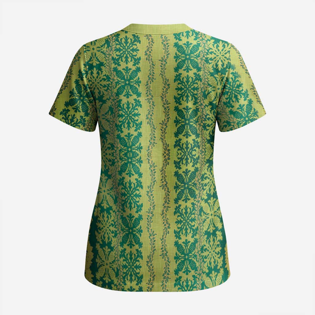 Hawaii Lei with Tribal Quilt Motif Scrub Top - Polynesian Pride