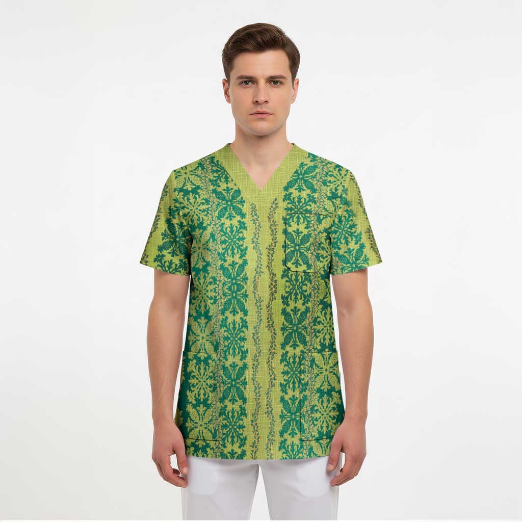 Hawaii Lei with Tribal Quilt Motif Scrub Top - Polynesian Pride